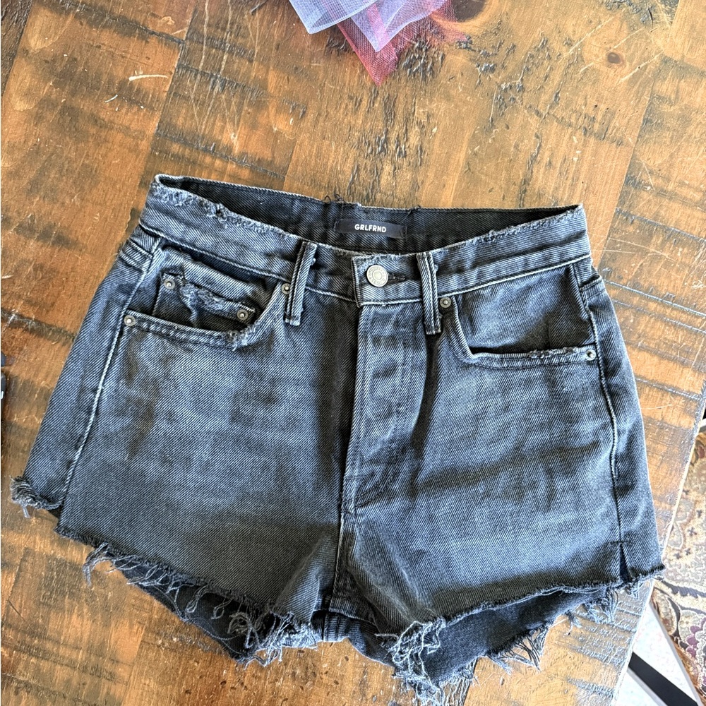 GRLFRND distressed black denim cutoff shorts, high rise, size 24